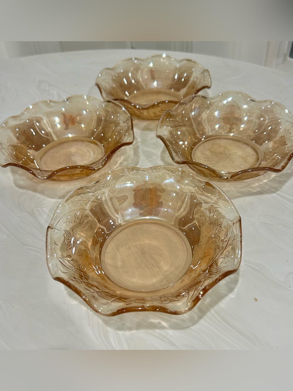 1950s Jeannette Glass Floragold Louisa iridescent marigold peach ruffled bowls
